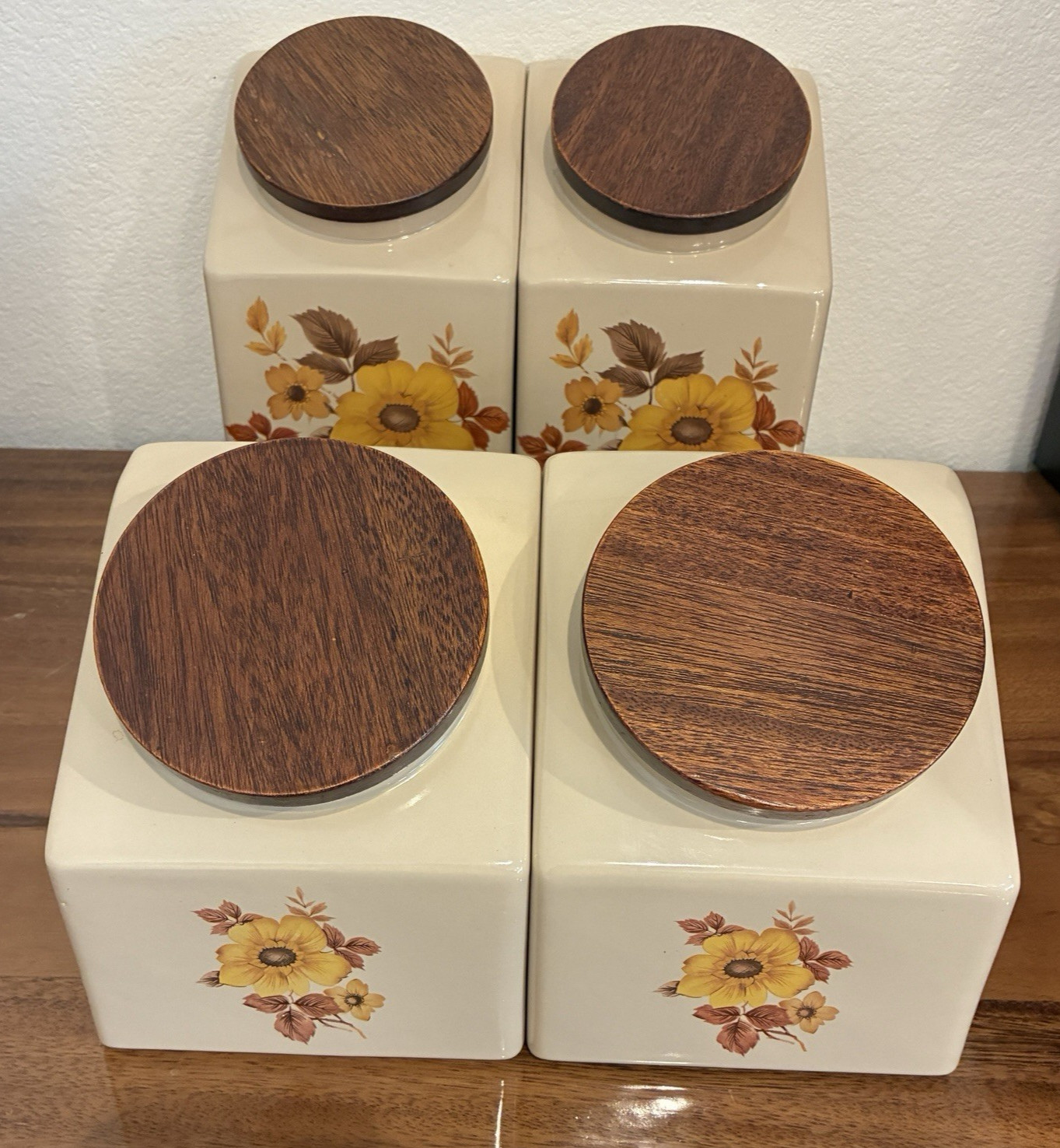 Vintage Hyalyn USA  Mid-Century Modern Wildflowers Canister Set of 4 Wooden Lids