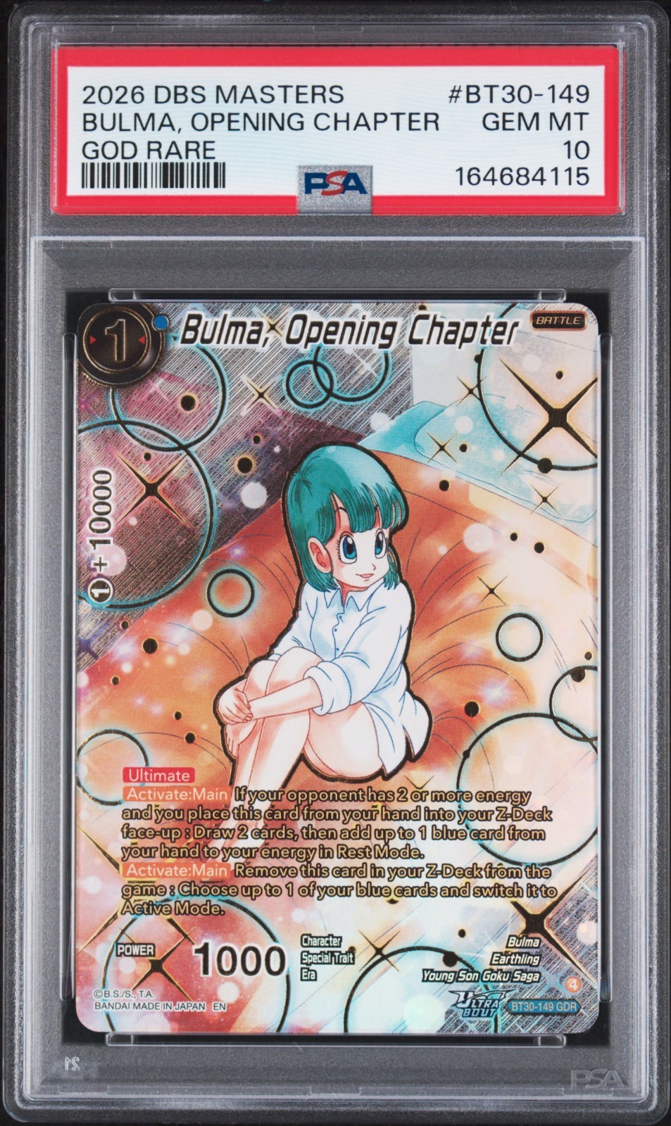 Bulma, Opening Chapter PSA 10 - BT30-149 - GDR God Rare - Dragon Ball Masters Bulma, Opening Chapter PSA 10 - BT30-149 - GDR God Rare - Dragon Ball Masters