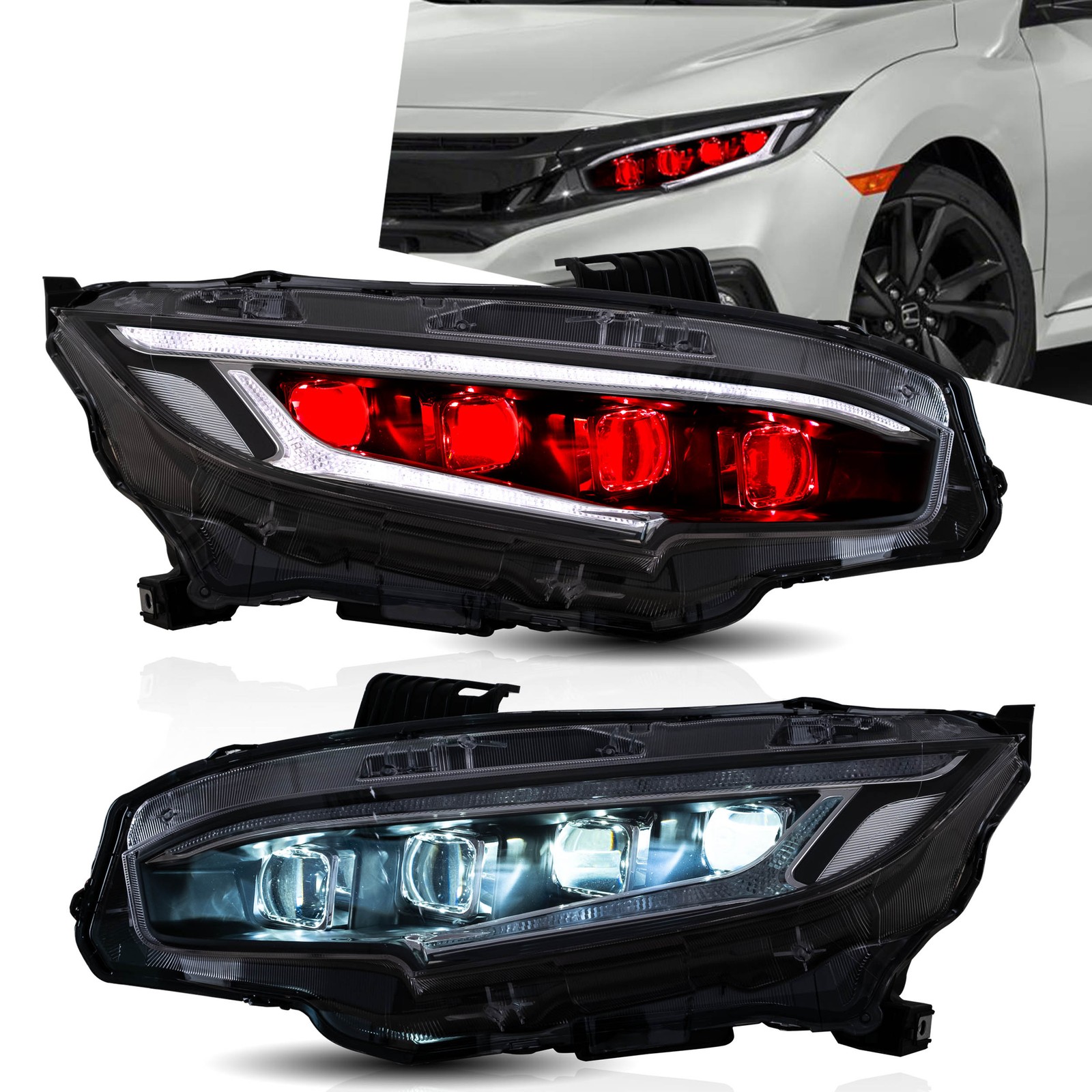 VLAND LED Headlights For 2016-2021 Honda Civic w/Startup Animation & Demon Eyes