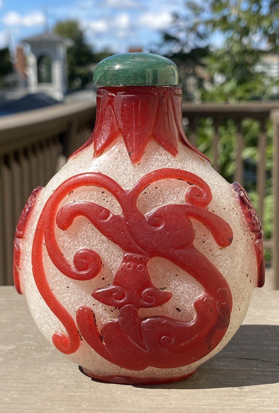 Chinese 19th C. Peking Overlay Glass Snuff Bottle, Tall, H 4”