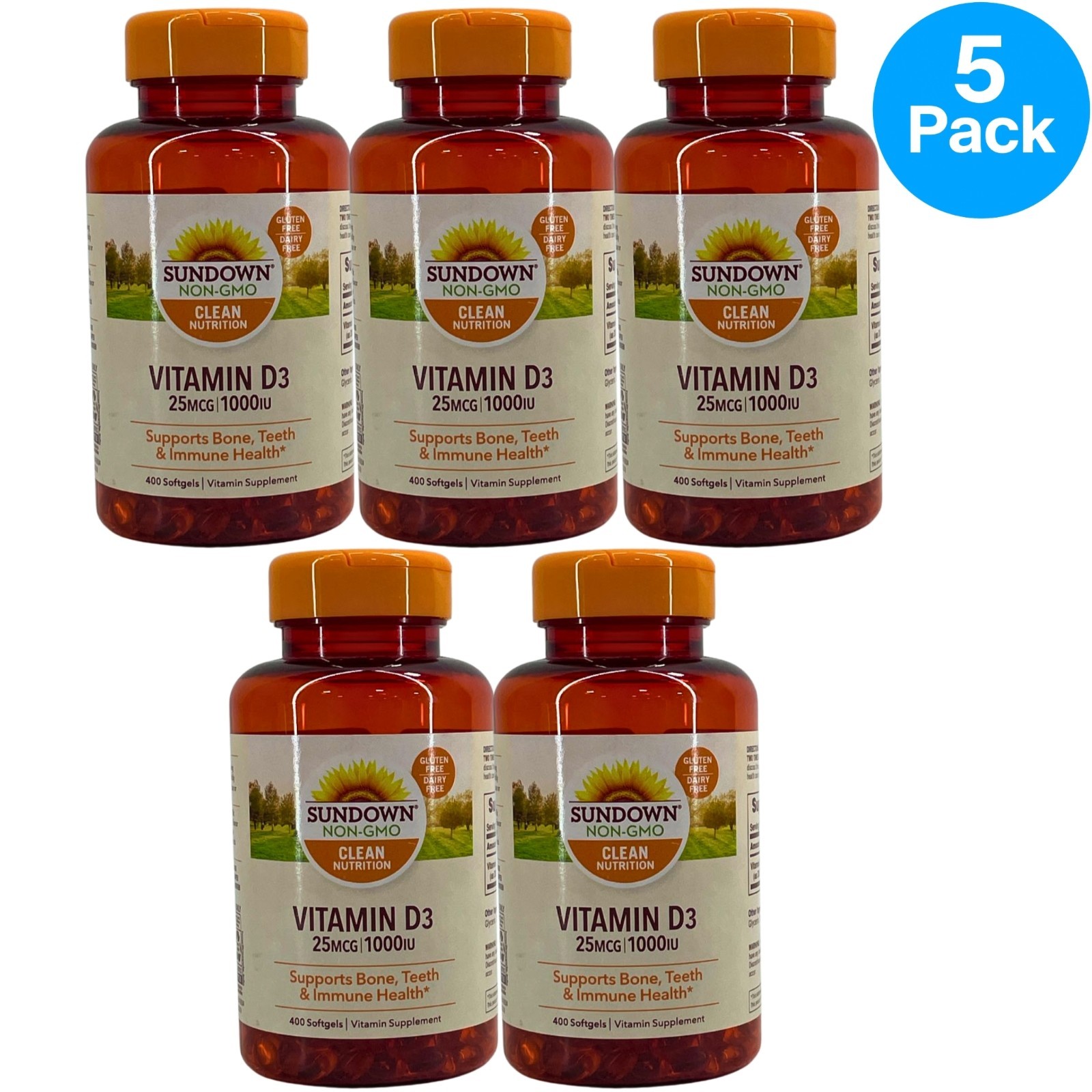 Sundown Non-GMO Vitamin D3 25mcg 1000 IU Immune Bone Health 400 Softgels 5 Pack