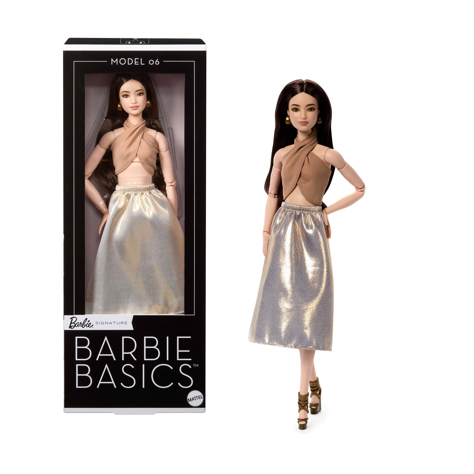 Barbie Basics Collectible Doll, Model 06 with Brunette Hair in Shimmery Golden S Barbie Basics Collectible Doll, Model 06 with Brunette Hair in Shimmery Golden S