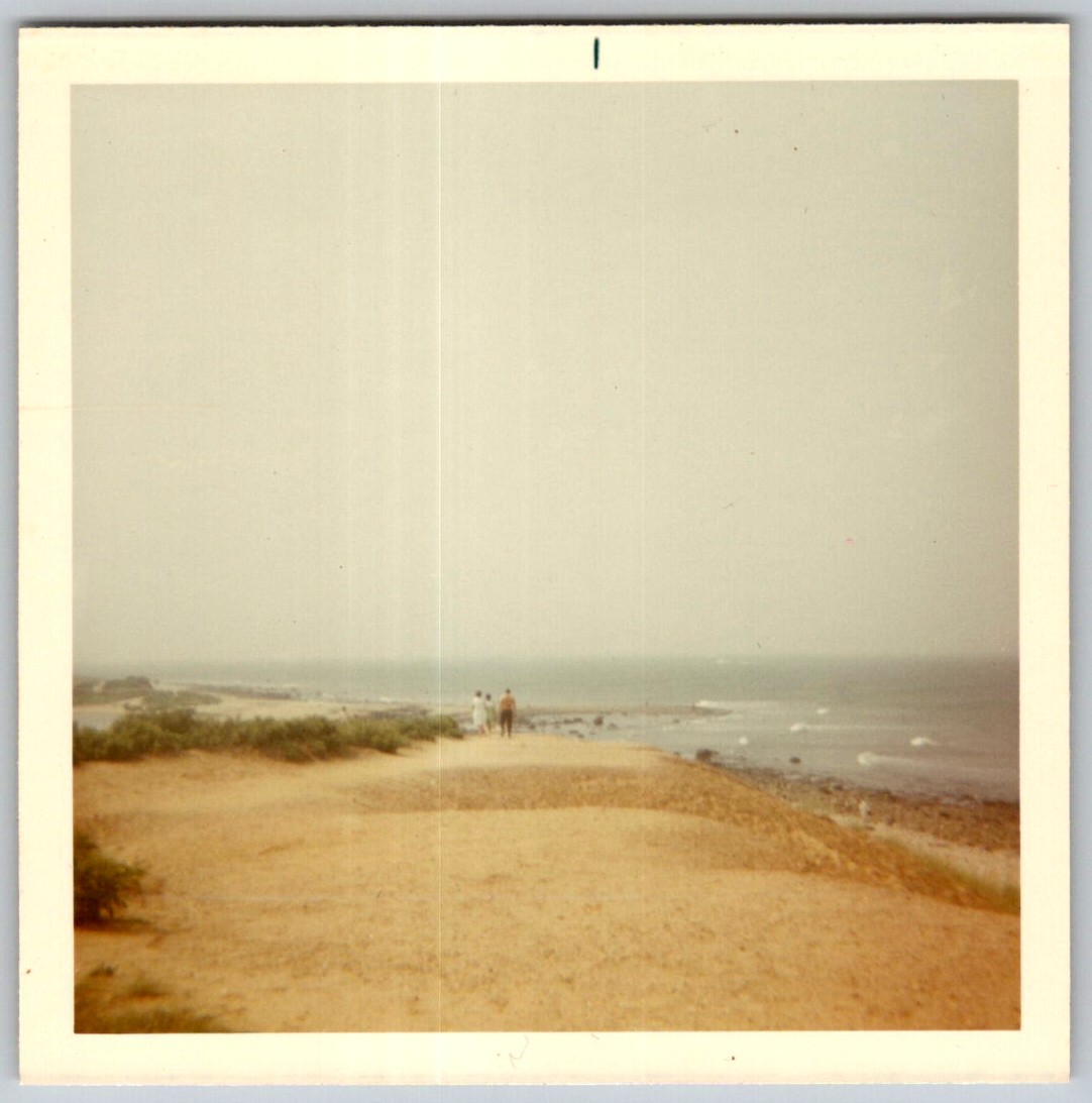 Vtg Color Snapshot People Walking Sandy Beach Dunes Ocean Coastline View 1960s