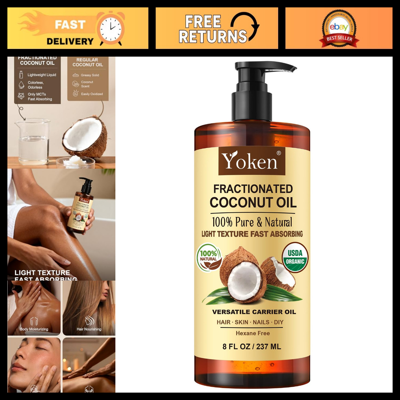 Organic Fractionated Coconut Oil 8oz - Unscented Carrier Oil for Skin & Hair Car