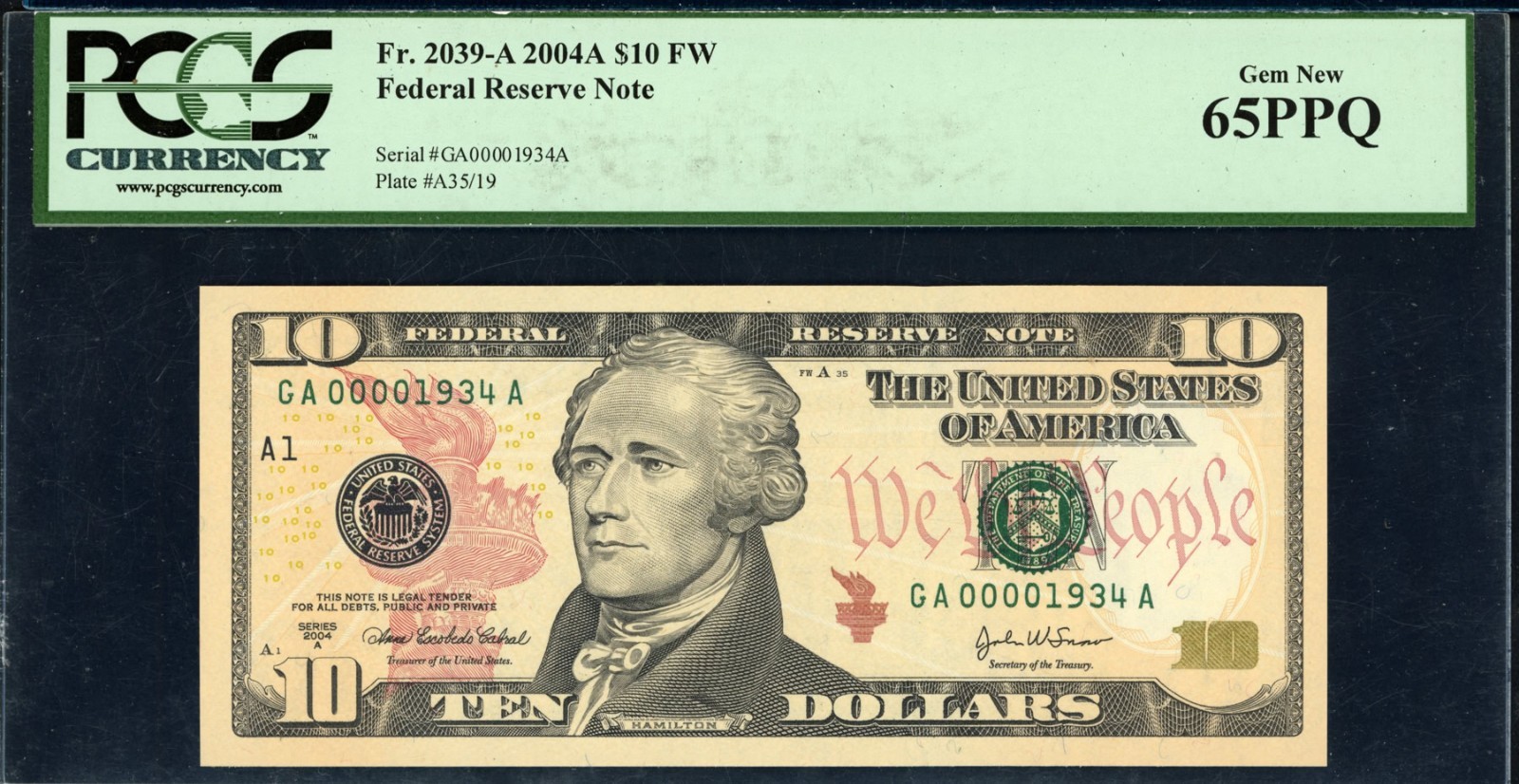 2004A $10 Federal Reserve Note *Low Birth Year / Serial Number* PCGS 65PPQ