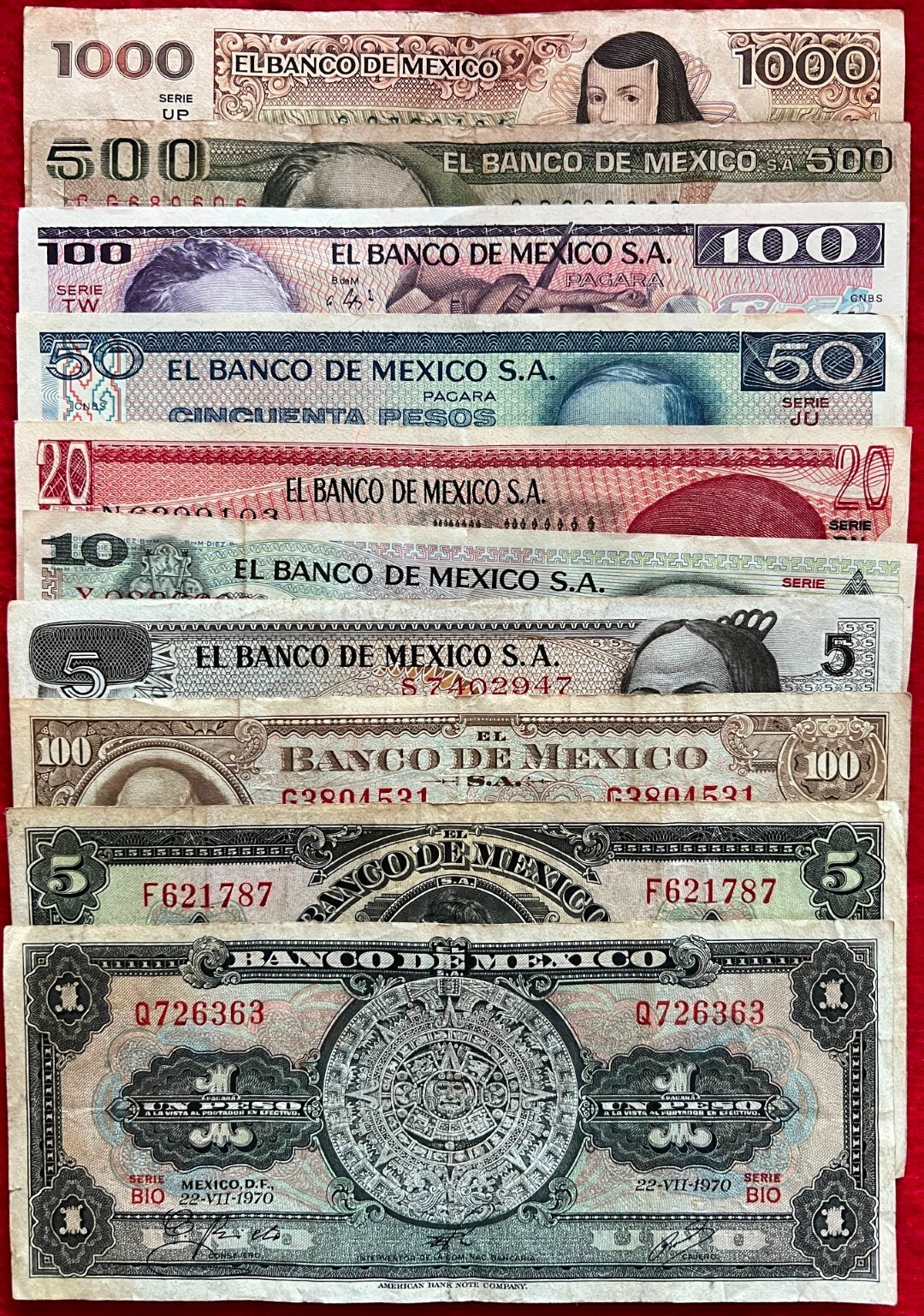 LOT of 10 MEXICO PESO BANKNOTES SERIES 1, 5,10,20,50,100,500,1000 BDM MEXICO ABN