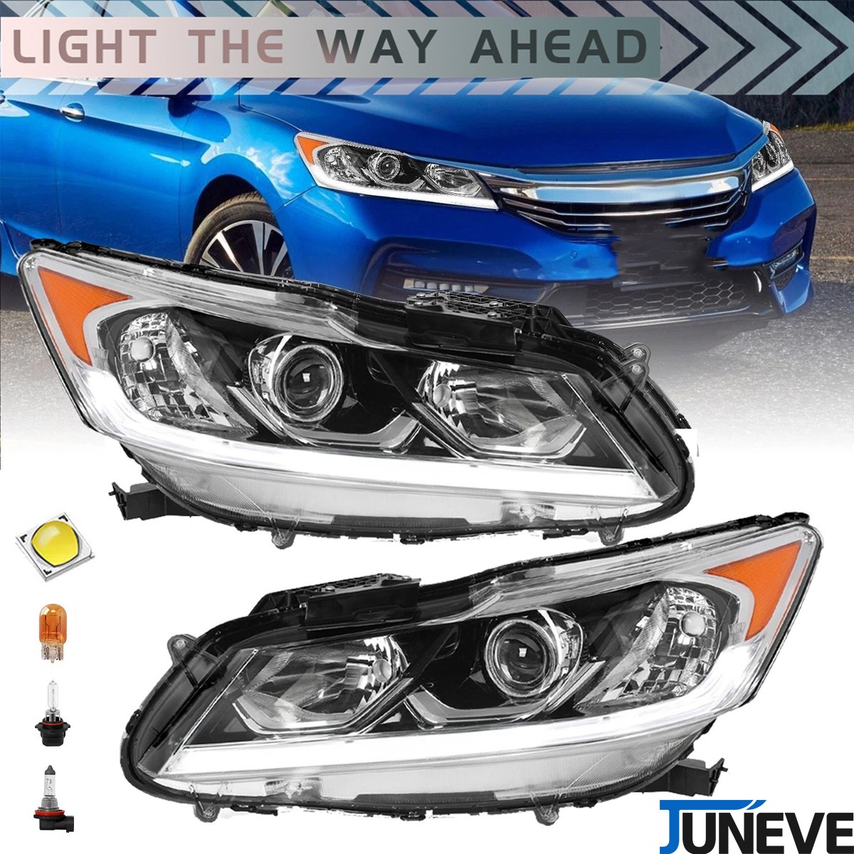 For Honda Accord Sedan 2016 2017 Halogen LED DRL Projector Headlight Left+Right
