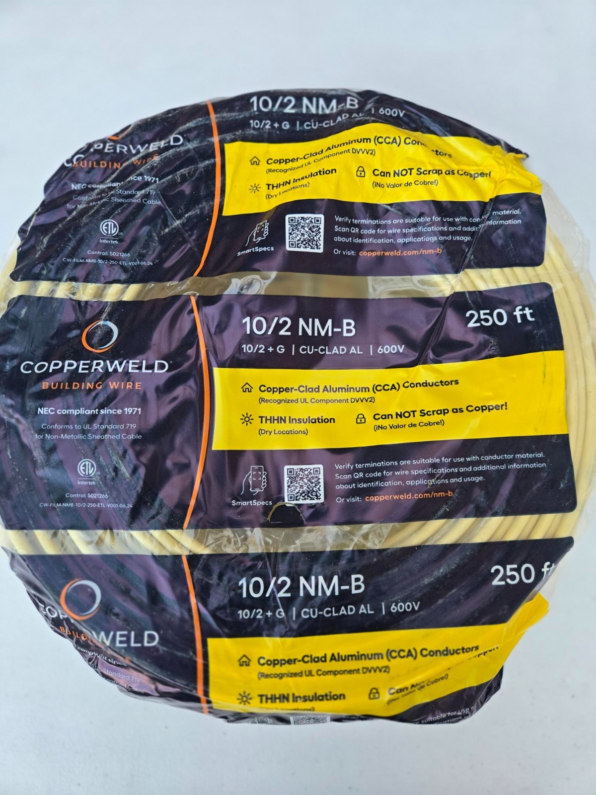 10/2 AWG 250ft with Ground  Copper-Clad Alum. Electrical Wire NM-B