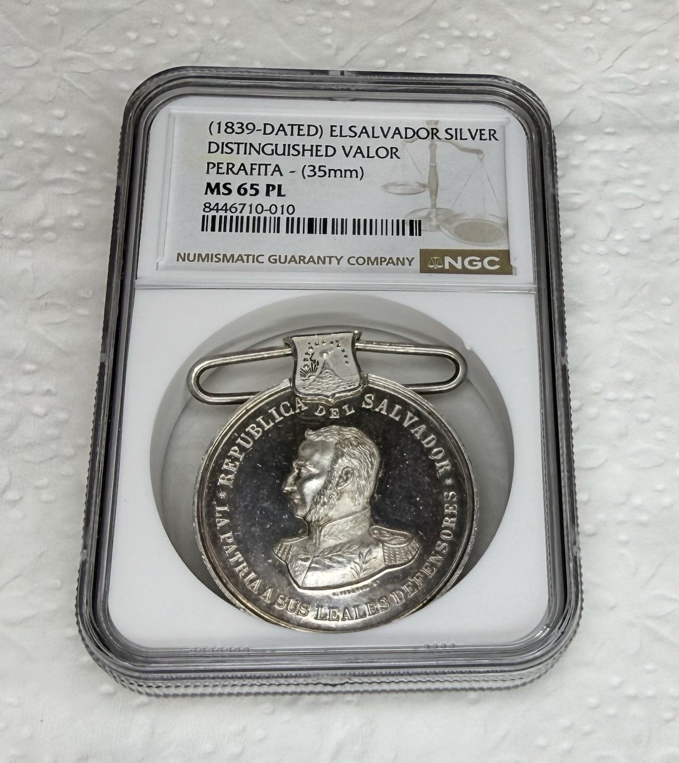 1839 El Salvador Silver Distinguished Valor Medal 35mm NGC MS 65 PL 1839 El Salvador Silver Distinguished Valor Medal 35mm NGC MS 65 PL