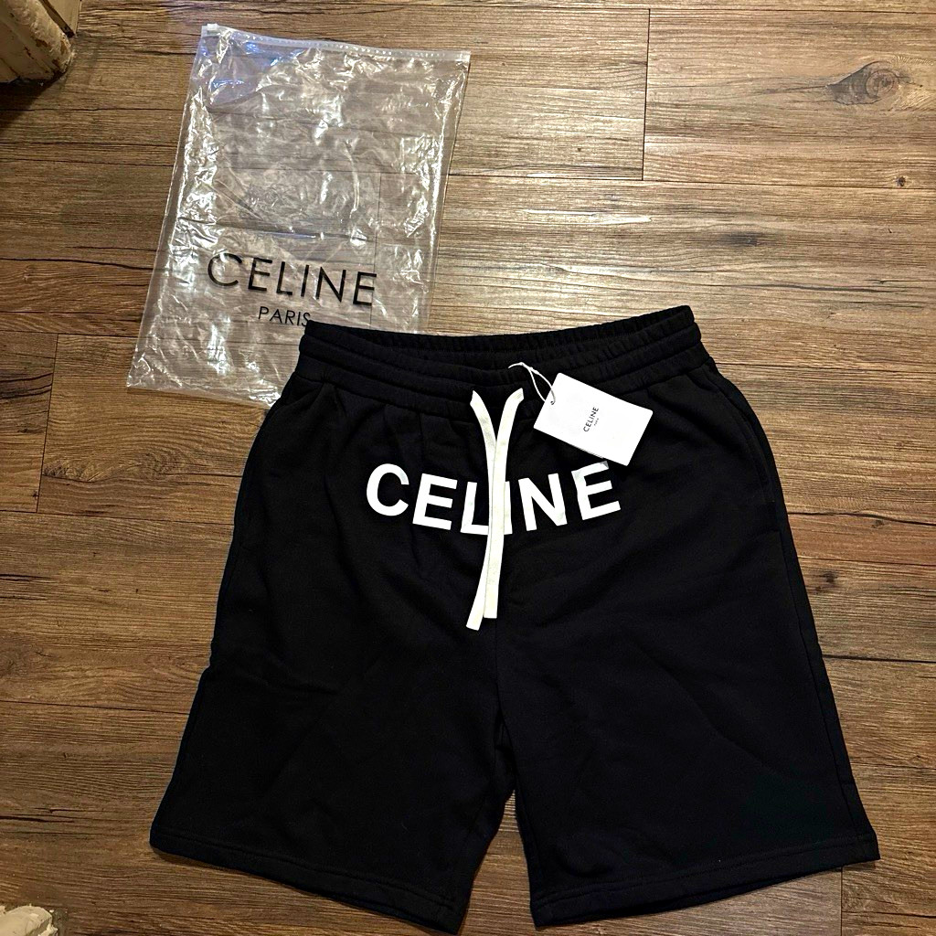 CELINE Men’s Black Logo Drawstring Elastic Waist Sweat Shorts Pockets CELINE Men’s Black Logo Drawstring Elastic Waist Sweat Shorts Pockets