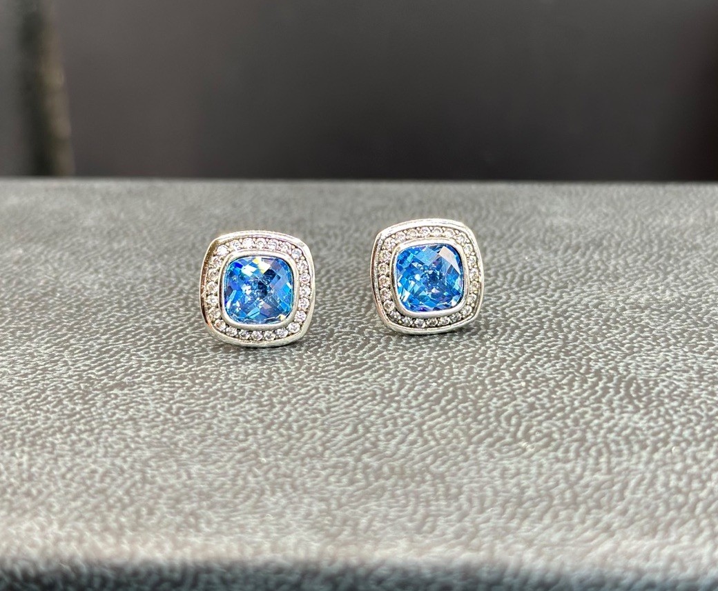 David Yurman Sterling Silver Albion Blue Topaz Stud Earrings & Diamonds