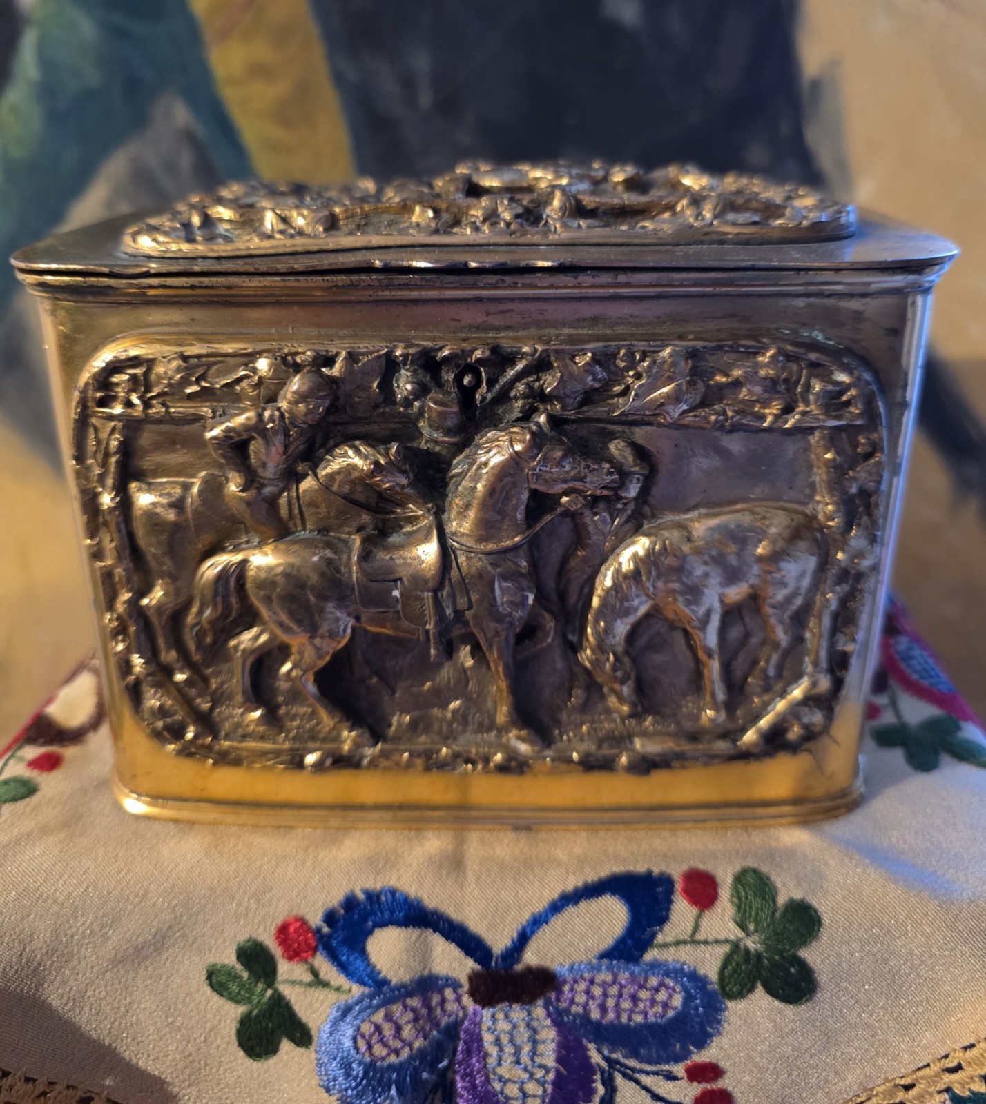 Antique Gilt Metal And Bronze Humidor W/ Two Thick Repousse Decoration Of Horses Antique Gilt Metal And Bronze Humidor W/ Two Thick Repousse Decoration Of Horses