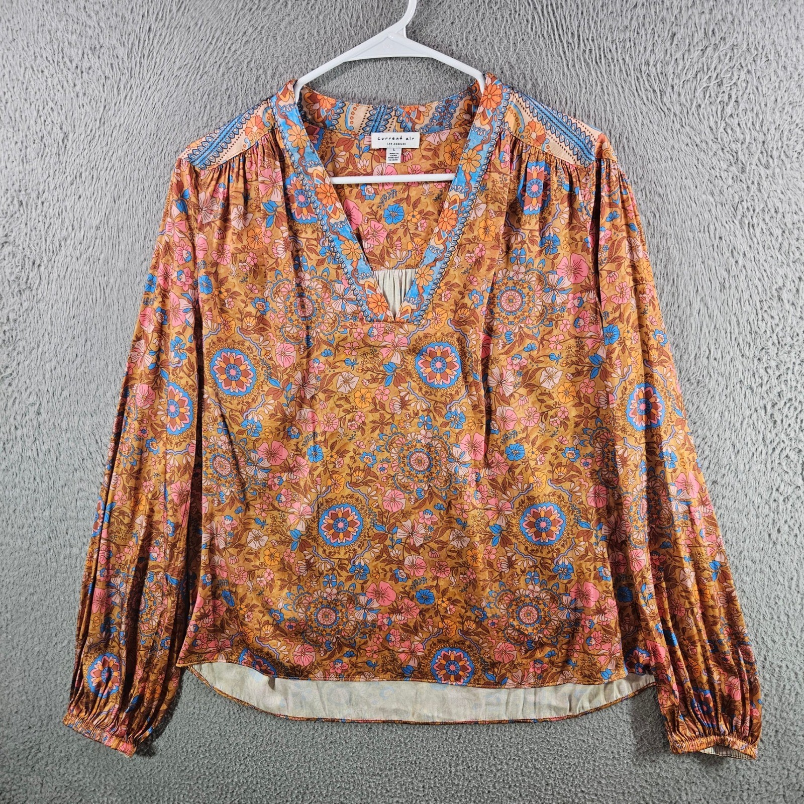 Current Air Los Angeles Floral Paisley Medallion Blouse Mustard Blue Size L Current Air Los Angeles Floral Paisley Medallion Blouse Mustard Blue Size L