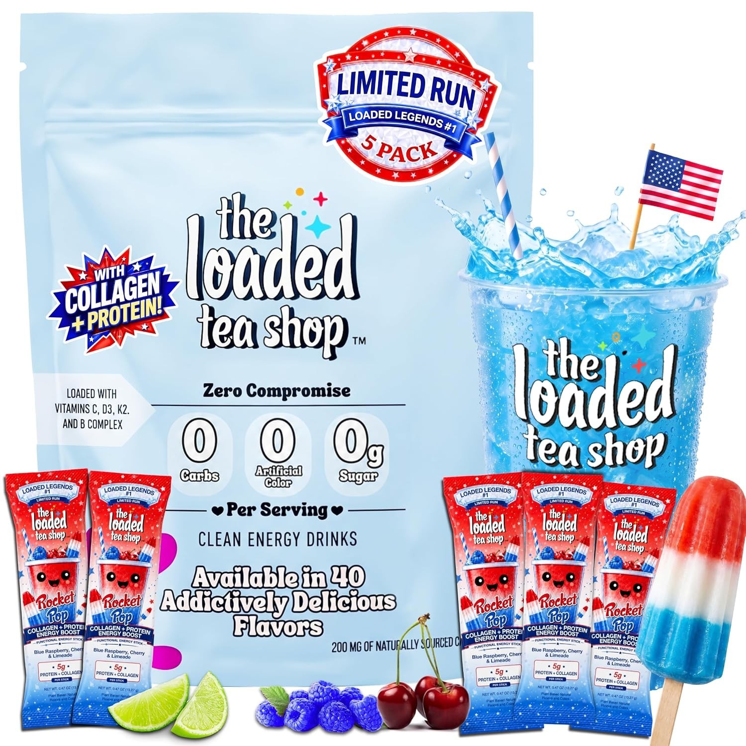 The Loaded Tea Shop Rocket Pop Collagen + Protein Energy Drink Mix, 5ct The Loaded Tea Shop Rocket Pop Collagen + Protein Energy Drink Mix, 5ct