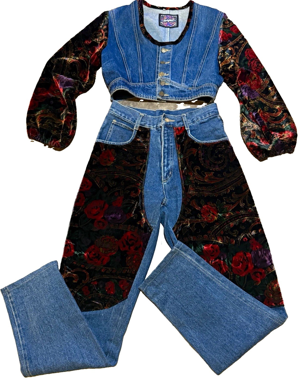 RARE Vintage Y2K Body Blue Denim Velvet Chaps Set Floral Crop Top Set Co-ord M