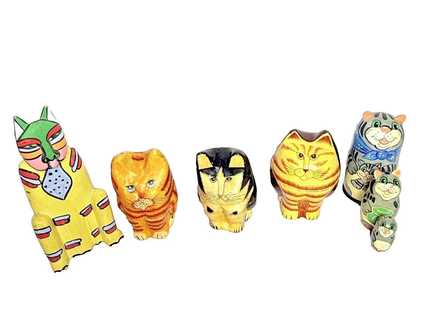 Vintage Hand Painted Wooden Cat Figurines Folk Art Carved Kitty Collection
