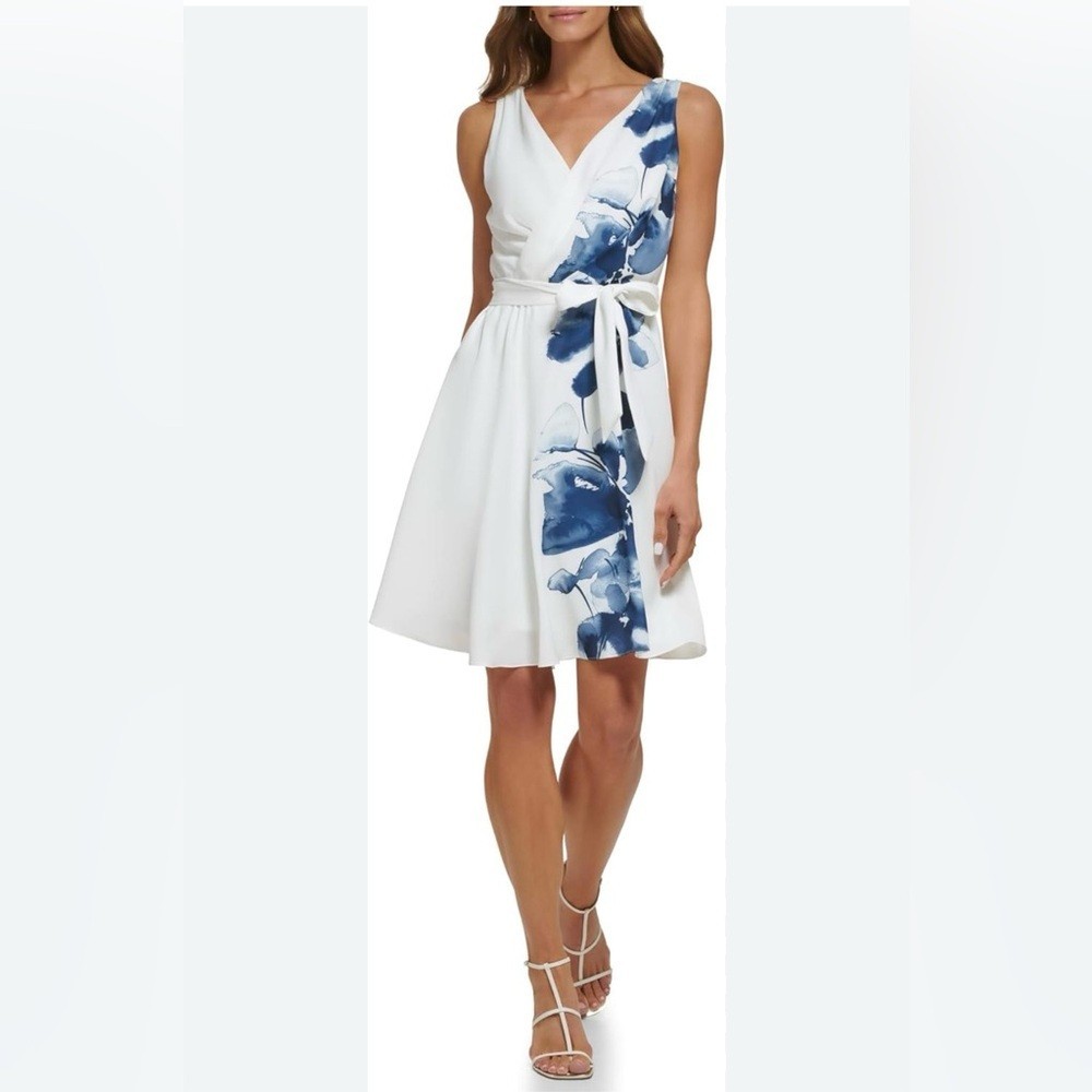 DKNY White Dress with Blue Floral Print and Side Tie DKNY White Dress with Blue Floral Print and Side Tie