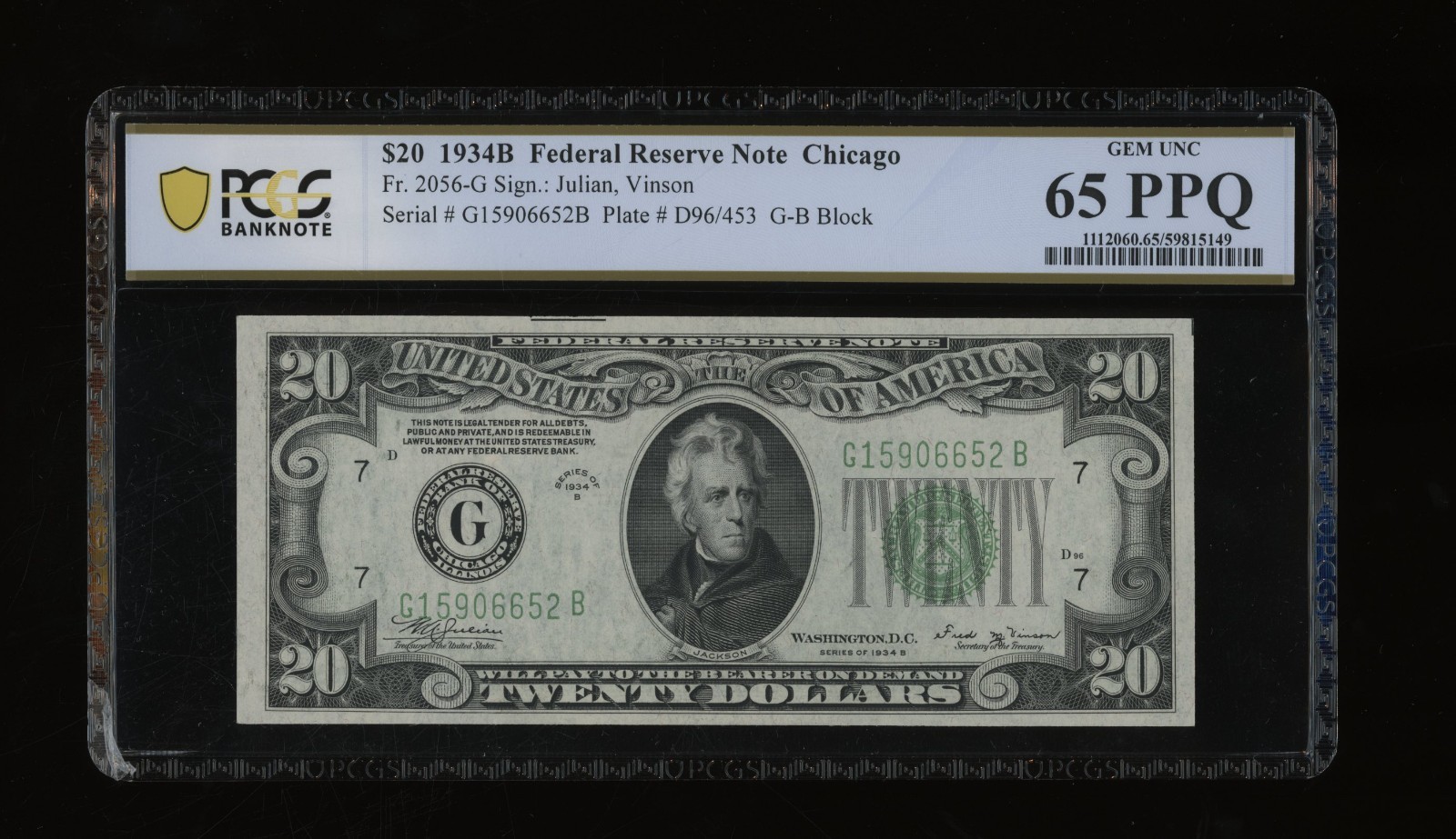 DBR 1934-B $20 FRN Chicago Vinson Gem Fr. 2056-G PCGS-B 65 PPQ Serial G15906652B