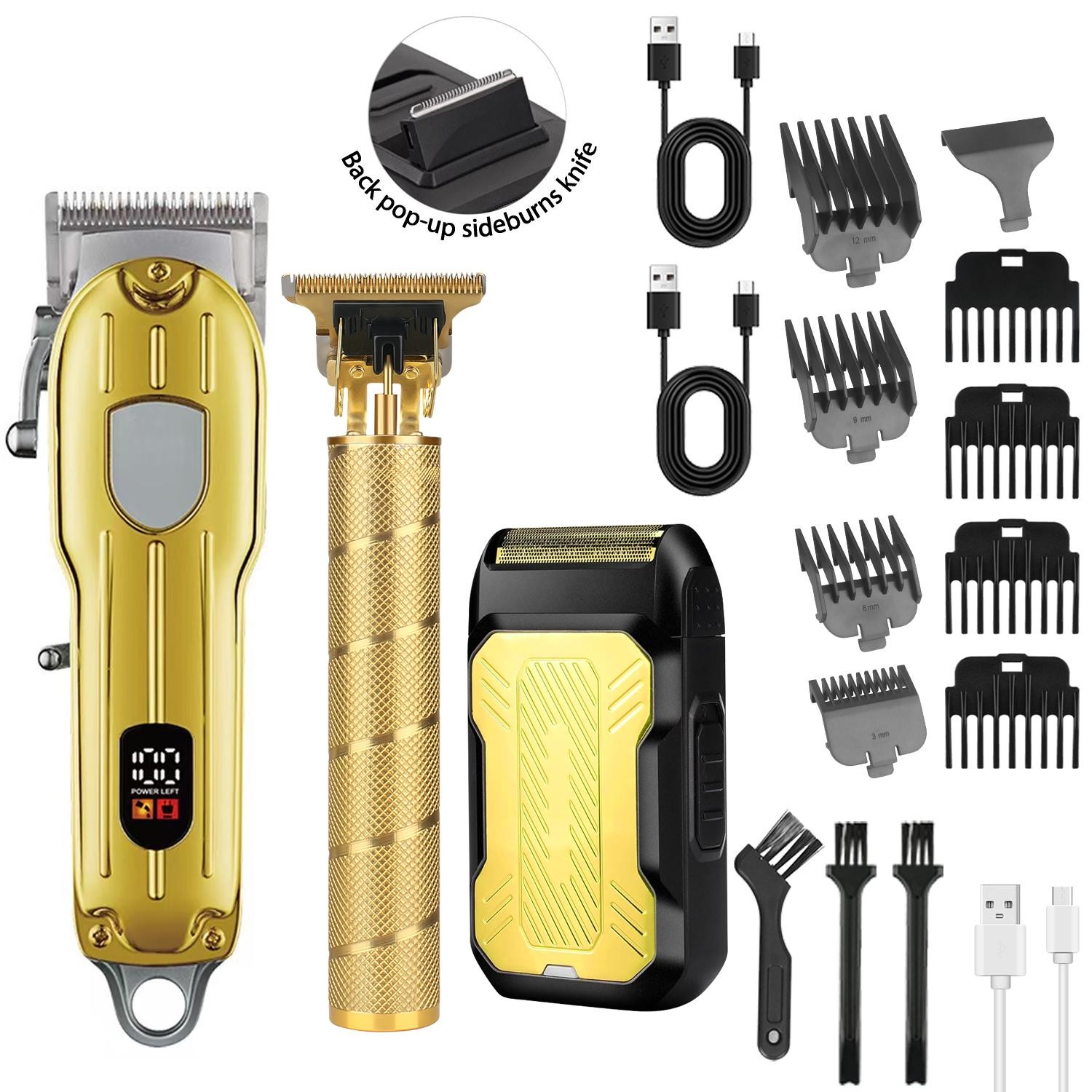 3Pcs Professional LCD Hair Clipper Trimmer Kit for Men USB-Rechargeable Barber