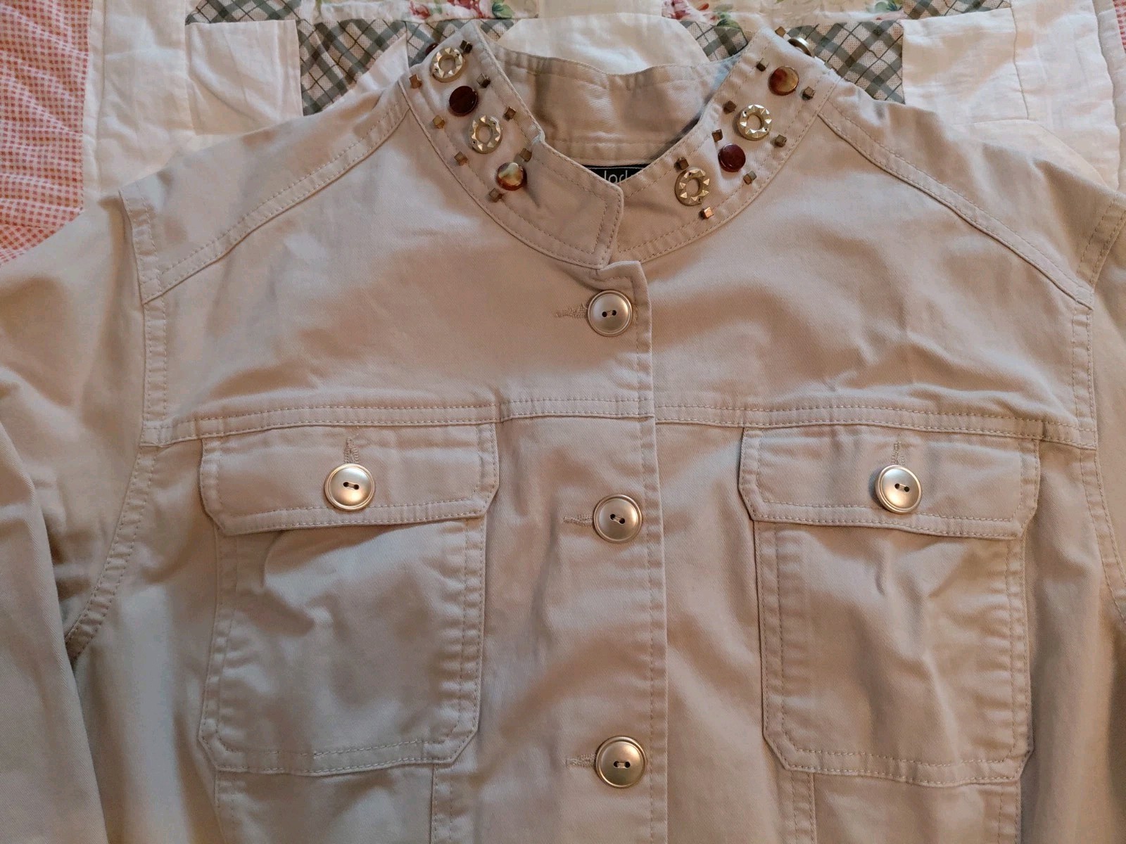Vtg Lark Lane Khaki Tan Studded Cabochon Jacket Sz 18 Mock Neck, NWOT 