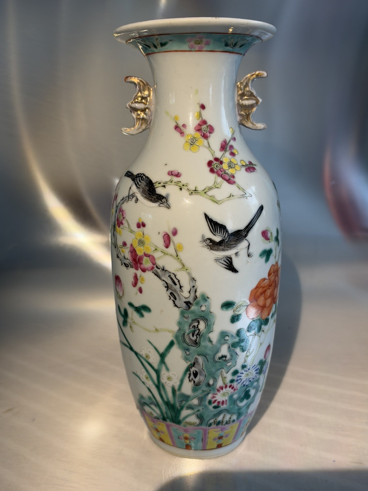 Chinese antique Famille Rose Magpie & Plum Blossom Vase, Bat Ears, Late Qing Chinese antique Famille Rose Magpie & Plum Blossom Vase, Bat Ears, Late Qing