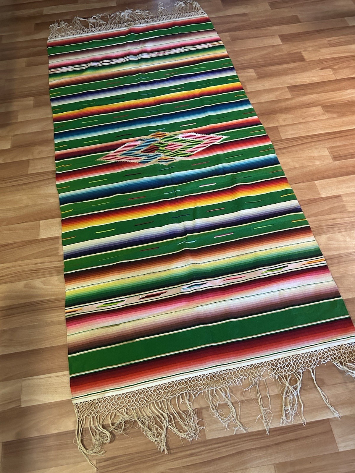 Antique Mexican Serape Wool & Silk Blanket Rug With Colorful Strips And Tassels