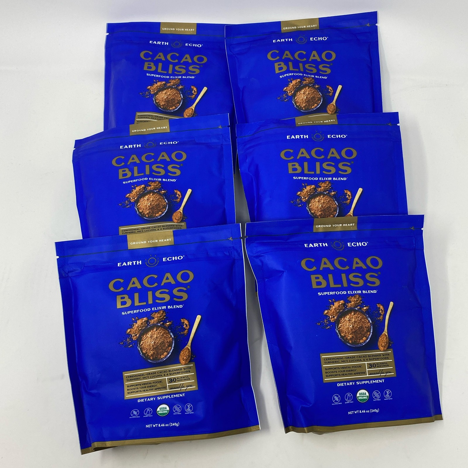 Earth Echo Cacao Bliss 8.46oz Superfood Cacao Powder, Pack of 6 Blue