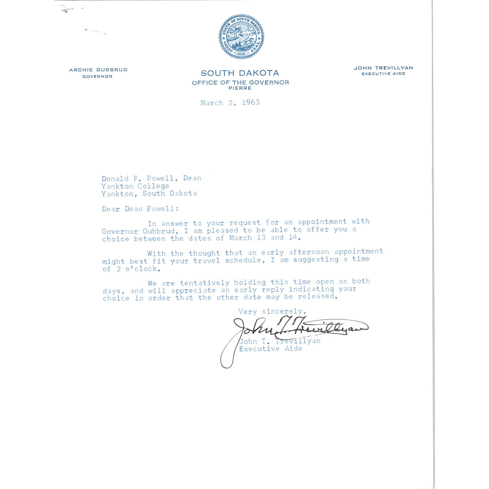 South Dakota Governor Archie Gubbrud Letterhead Memo March 2, 1963 B10 South Dakota Governor Archie Gubbrud Letterhead Memo March 2, 1963 B10