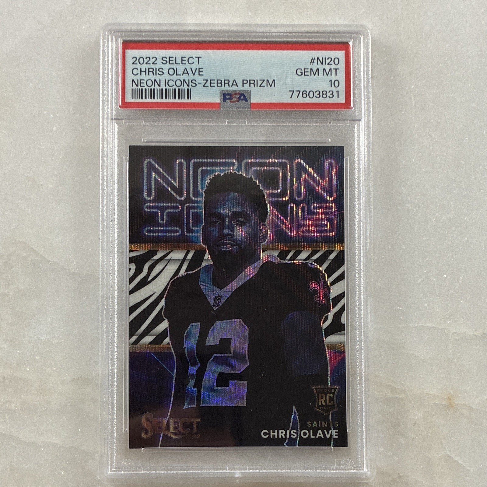 Panini Select 2022 Chris Olave Neon Icons Zebra Prizm RC #NI-20 PSA 10 Panini Select 2022 Chris Olave Neon Icons Zebra Prizm RC #NI-20 PSA 10
