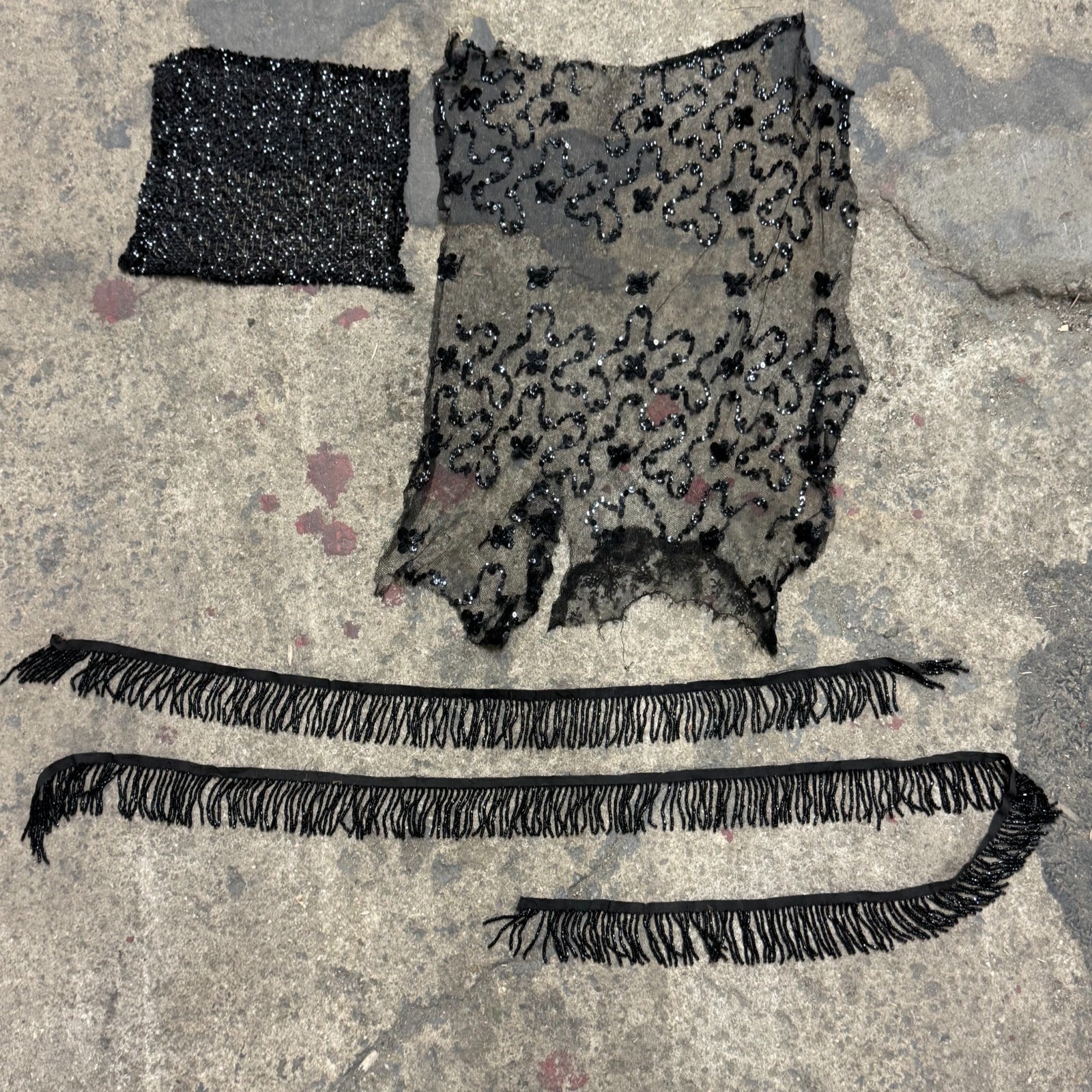 Antique 20s 1920s Jet Beaded Fringe & Gelatin Sequin Textile Lot