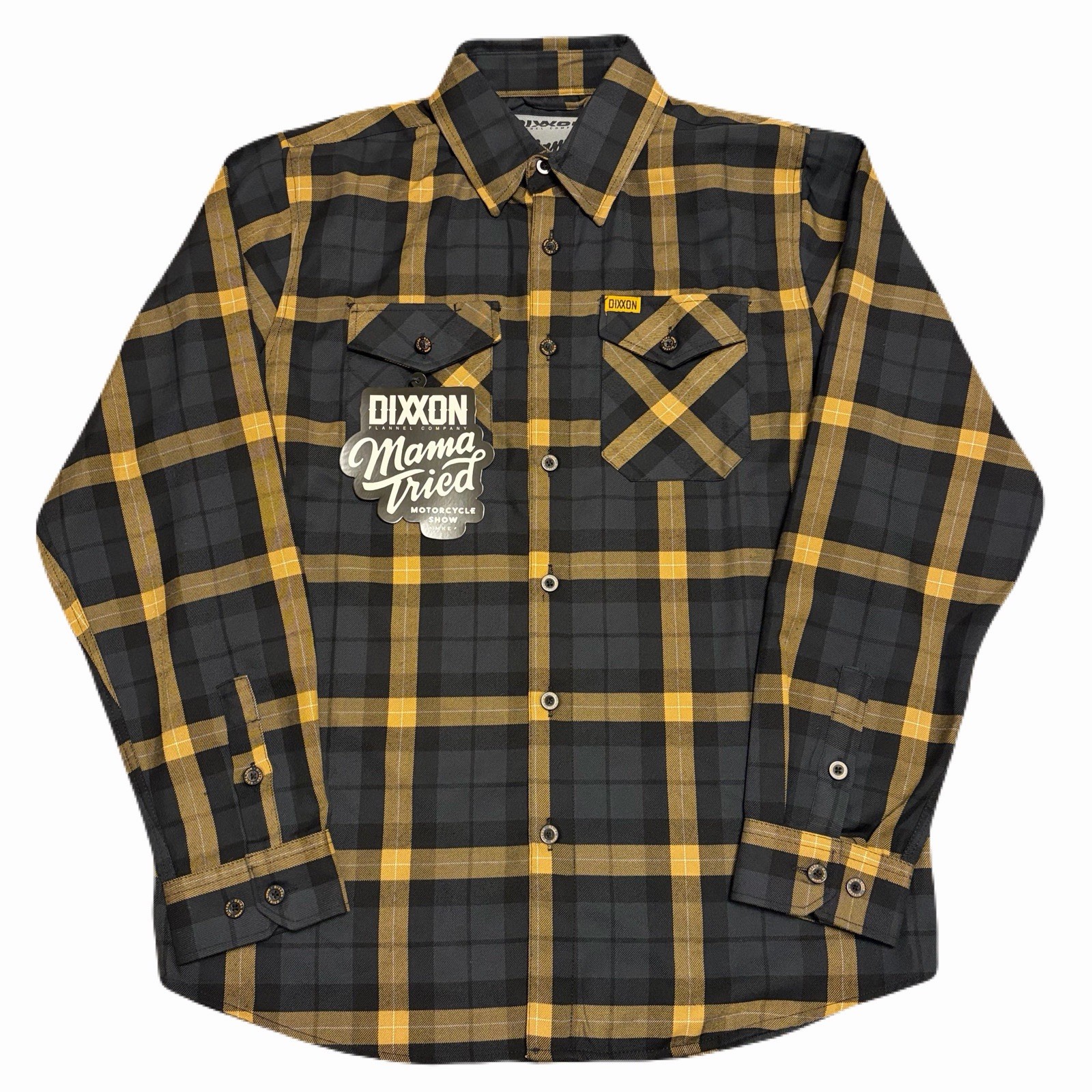 NWOT Dixxon “Mama Tried Motorcycle Show” Plaid Flannel Black Yellow Size Medium