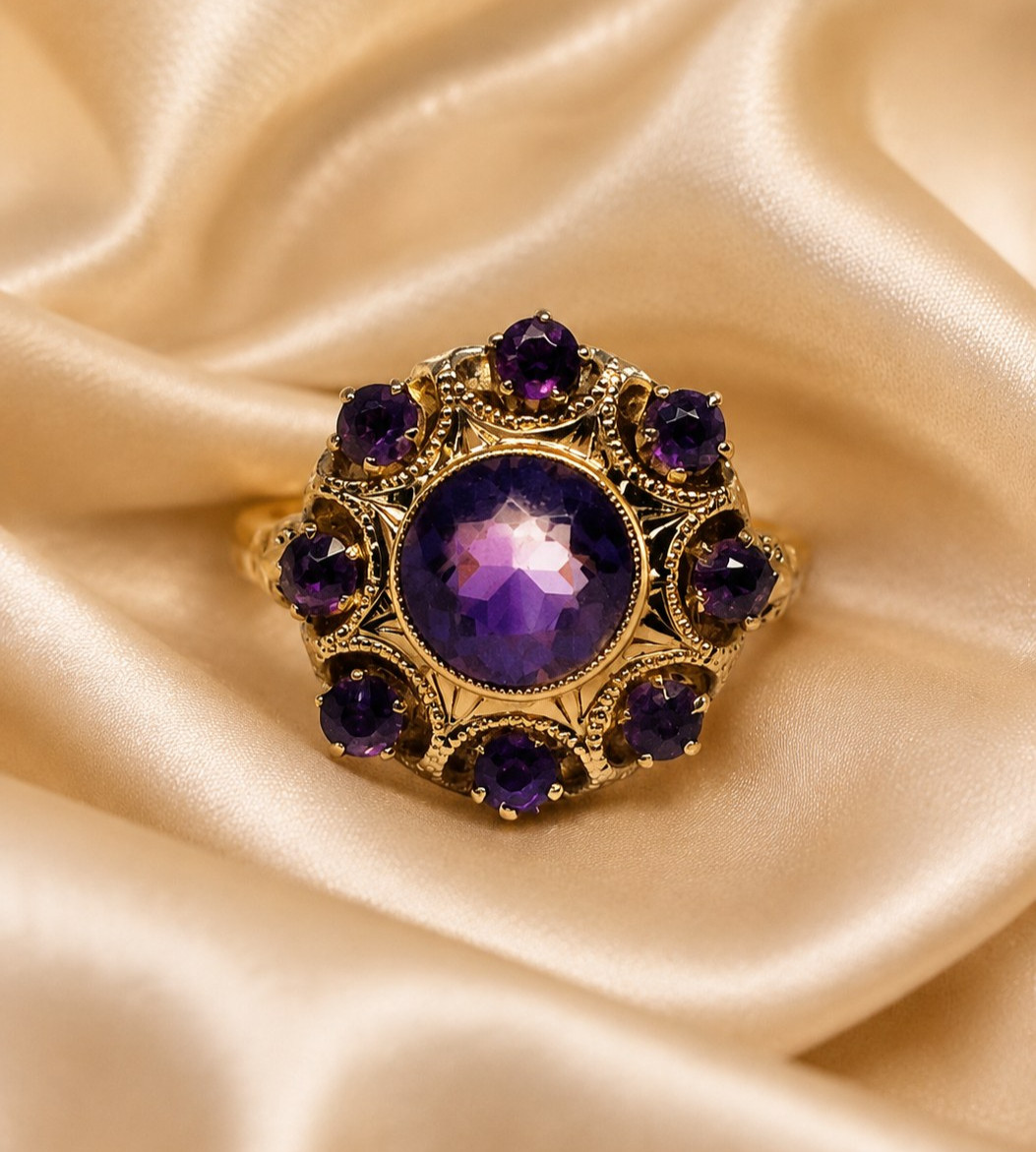 Vintage 10K Yellow Gold Amethyst Floral Cocktail Ring Size 6.5, 16mm