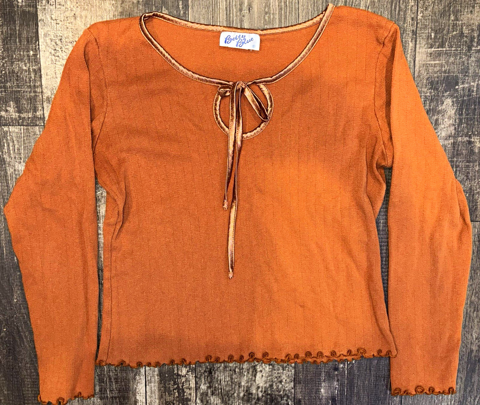 Vintage Y2K Betty Blue Top Womens Rust Orange Velvet Tie Keyhole USA 100% Cotton
