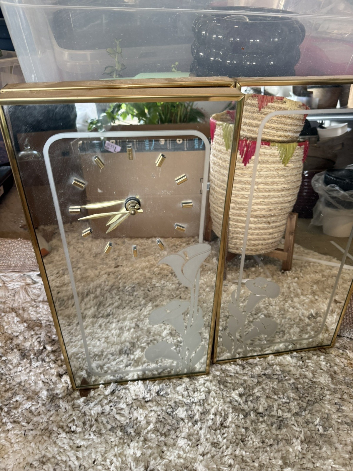 Vintage Set of 2 Oak Framed Floral Flower Etched Wall Mirrors Mid Century Modern