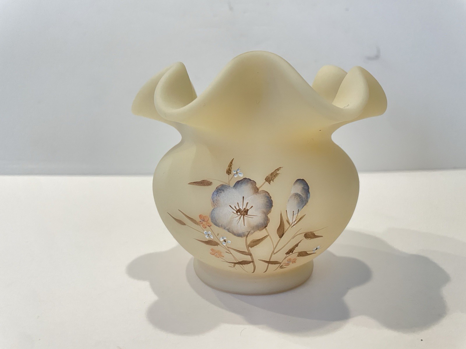 Vintage Fenton Ruffled Custard Satin Glass Bowl Signed by D. Hill