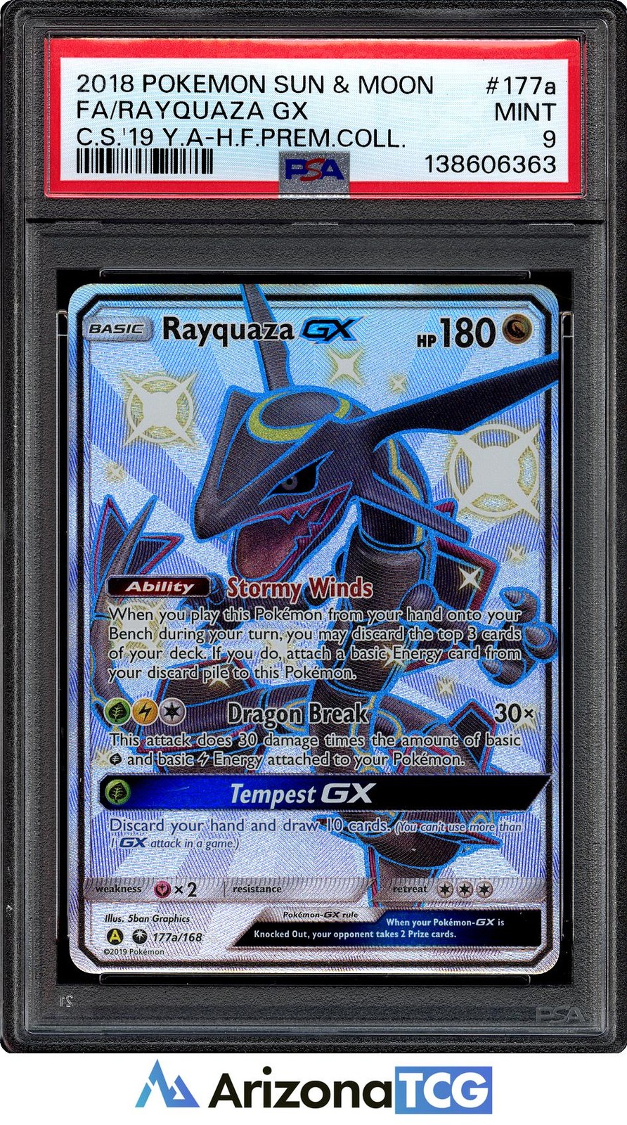 Pokemon 2018 Rayquaza GX 177a/168 Full Art Secret Rare Celestial Storm PSA 9
