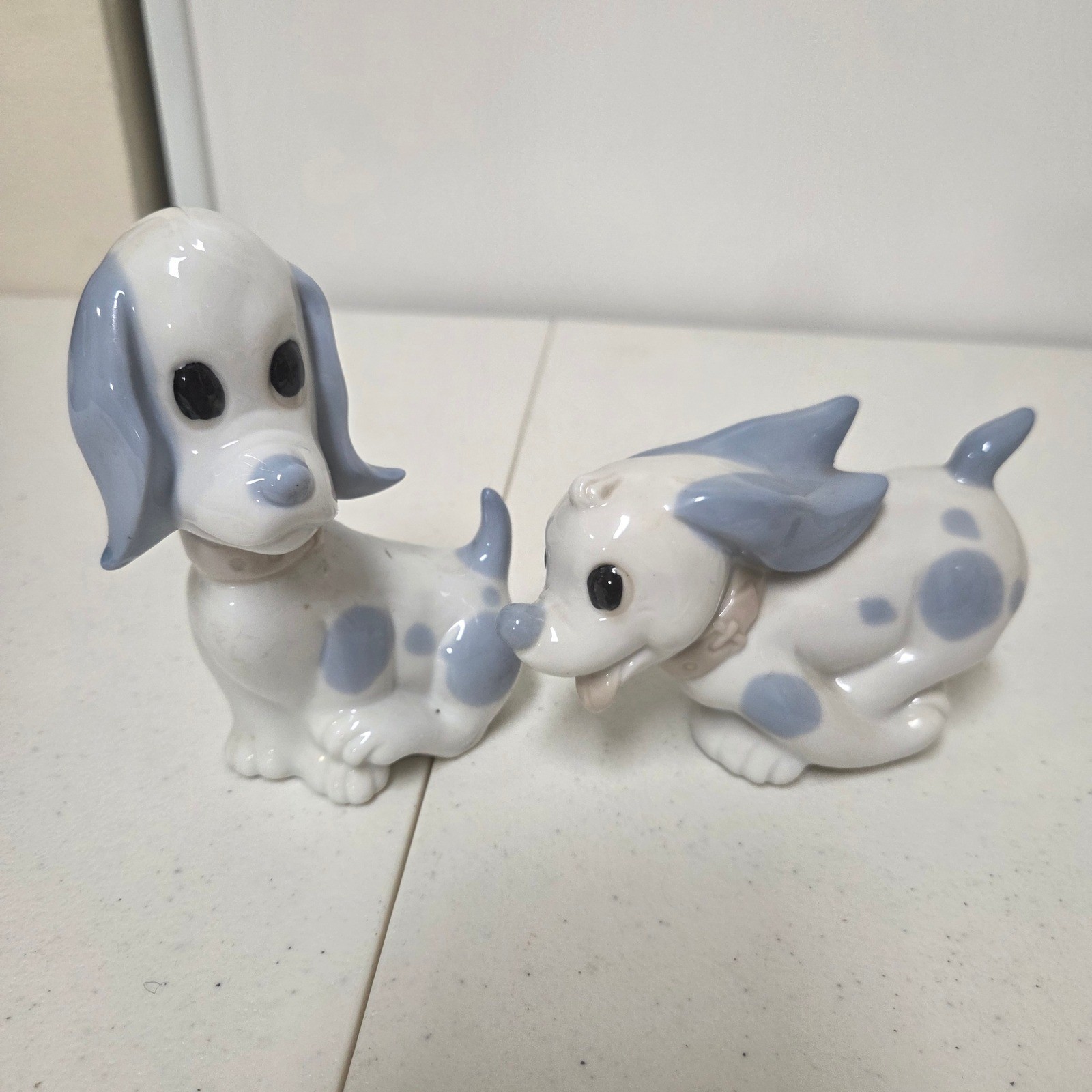 Vintage Ceramic Blue Polka Dot Puppy Dog Figurines Set of 2 Kitsch MCM White