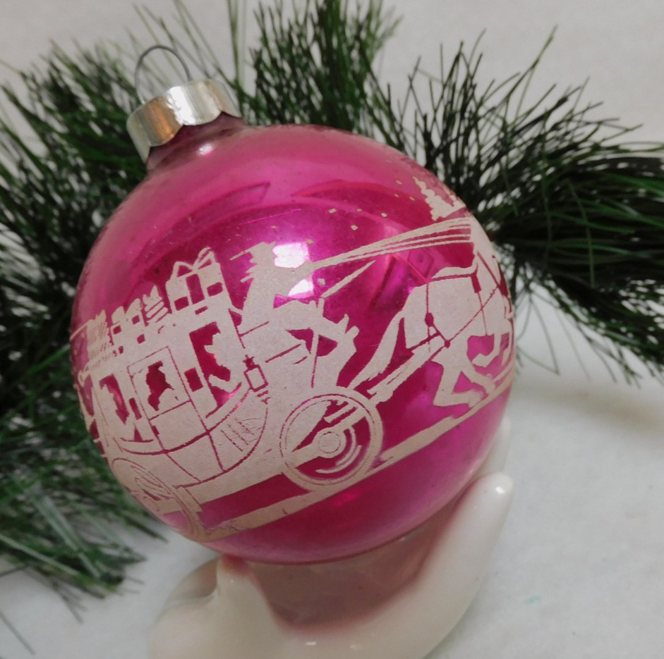 Vintage Christmas ORNAMET SHINY BRITE Stenciled RARE STAGECOACH & RACE HORSES Vintage Christmas ORNAMET SHINY BRITE Stenciled RARE STAGECOACH & RACE HORSES