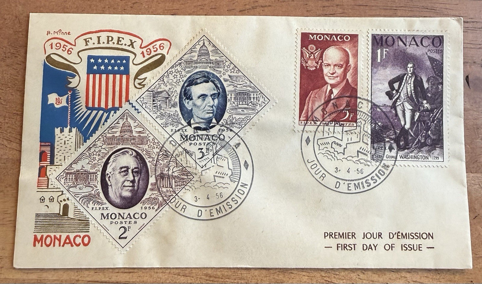 AU78 Monaco F.D.C. 1956 F.I.P.E.X. U.S. Presidents Washington Lincoln Roosevelt