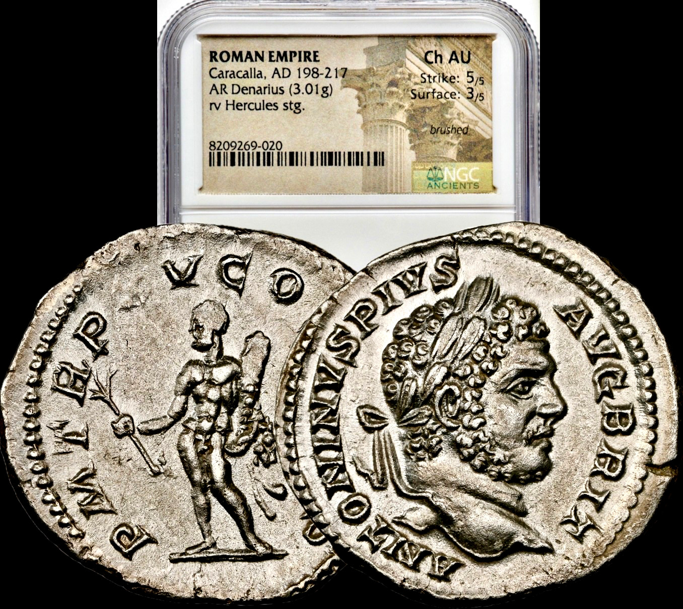 198-217 AD Caracalla w/Hercules Rev Ancient Roman Silver Denarius NGC Choice AU