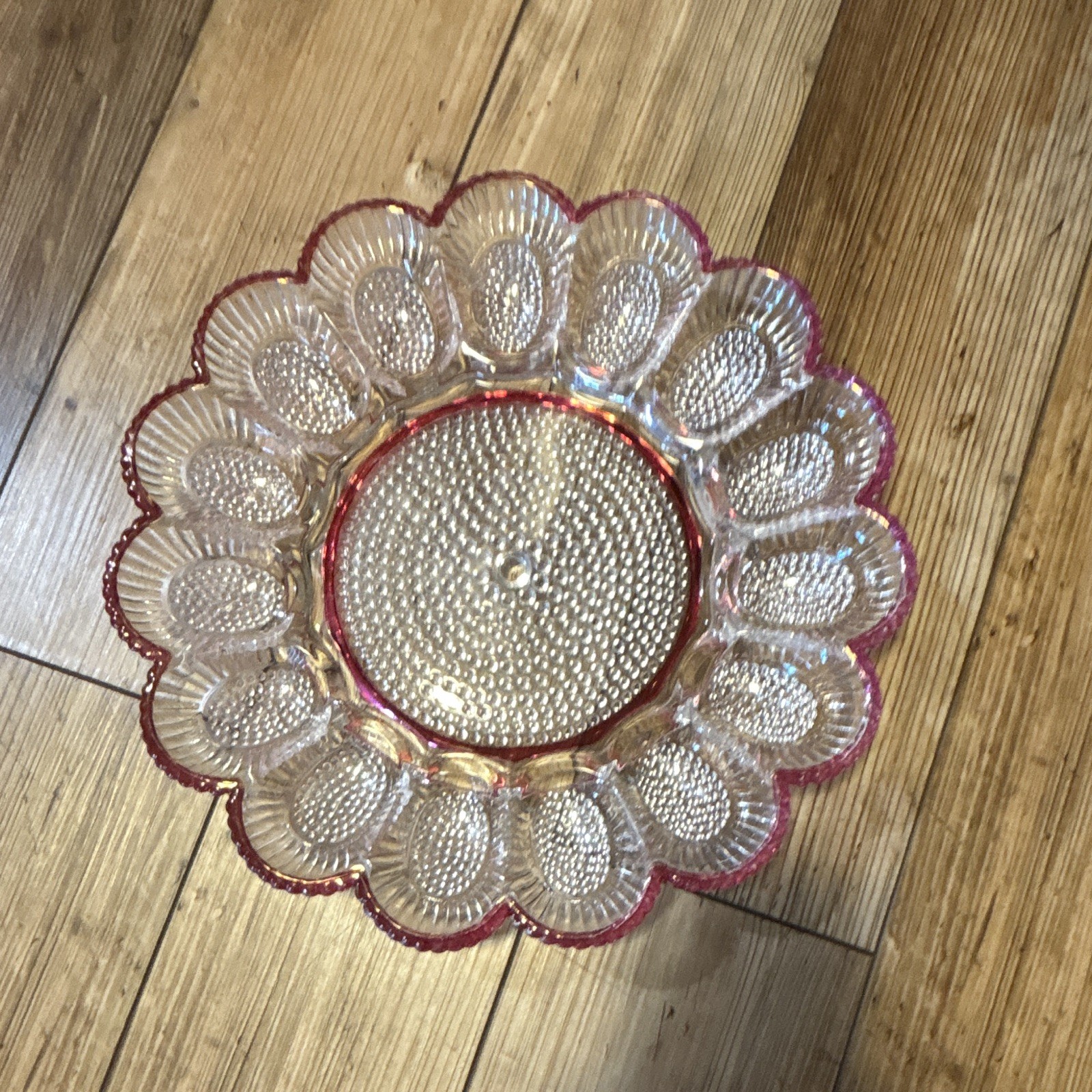 Indiana Glass Co. hobnail 15-deviled egg serving plate with cranberry