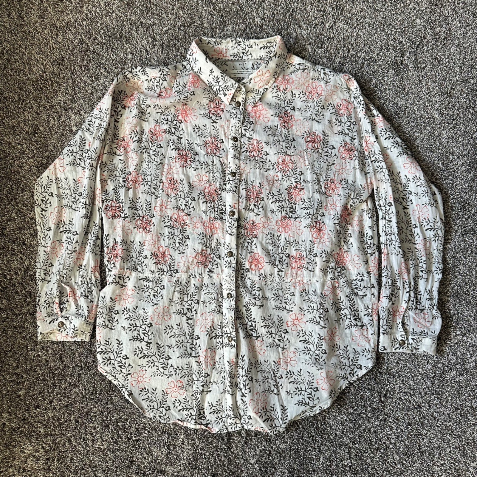 Anthropologie Floral Block Print Button Down Shirt White Red Black XS/S