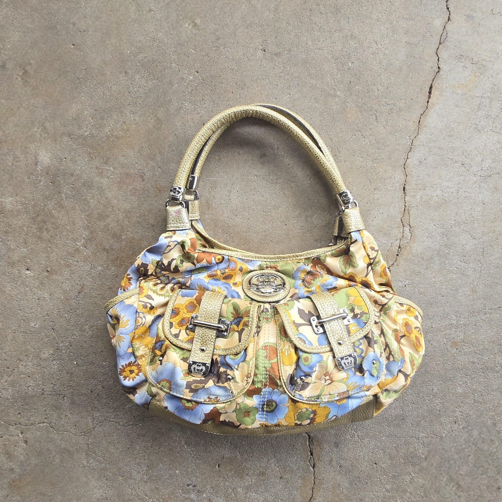 Vintage Kathy Van Zeeland Y2K Floral buckle satin Hobo Bag Crown Logo Vintage Kathy Van Zeeland Y2K Floral buckle satin Hobo Bag Crown Logo