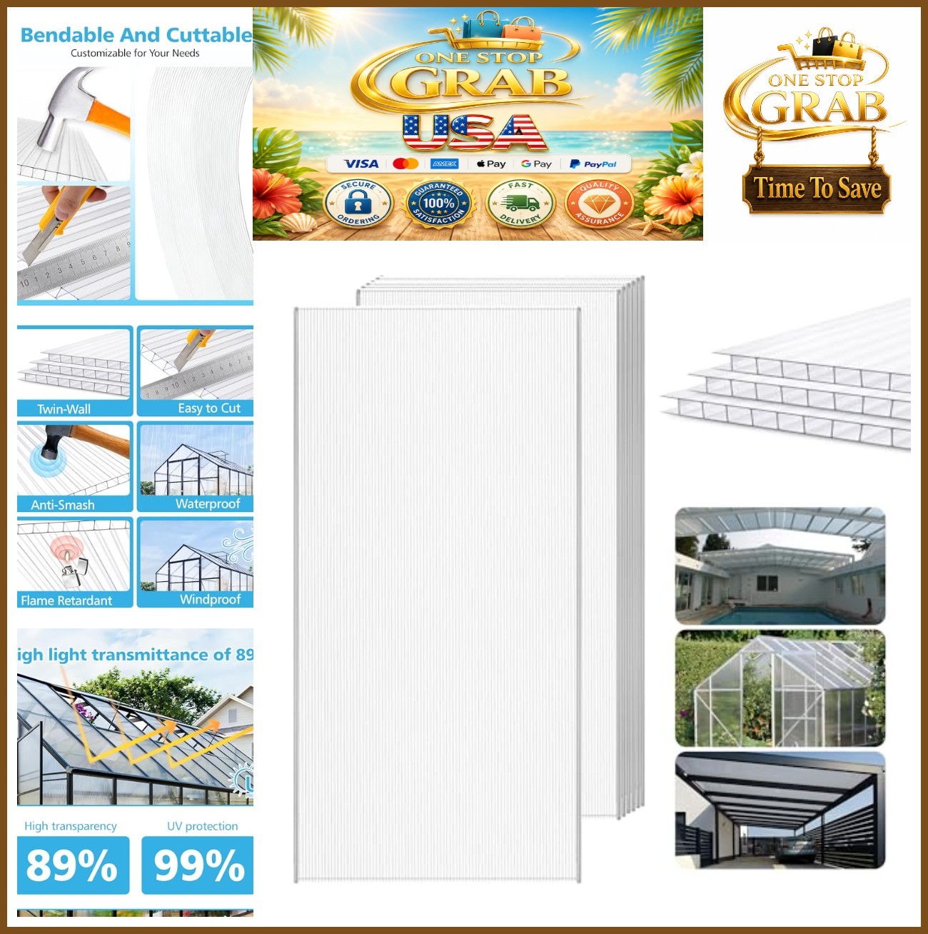 6 Pcs Polycarbonate Greenhouse Panels 4x2 Foot Twin-Wall Clear Roof Sheets UV