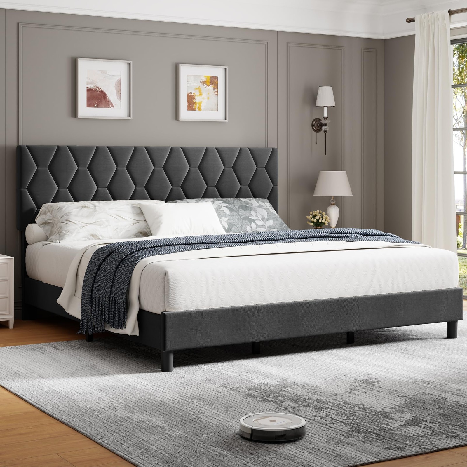 King Size Bed Frame with Headboard Modern Upholstered Platform Bed Easy Assembly