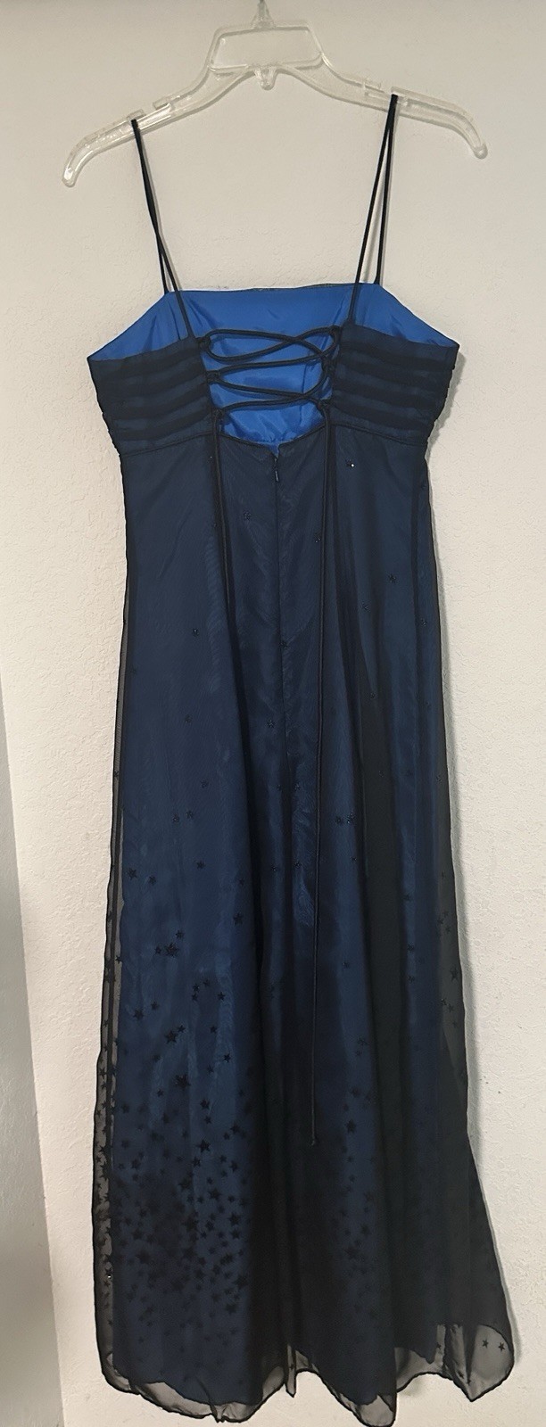 Vintage Y2K Morgan and Co Blue/Black Star Mesh Overlay Lace-Up Gown 5/6 Vintage Y2K Morgan and Co Blue/Black Star Mesh Overlay Lace-Up Gown 5/6