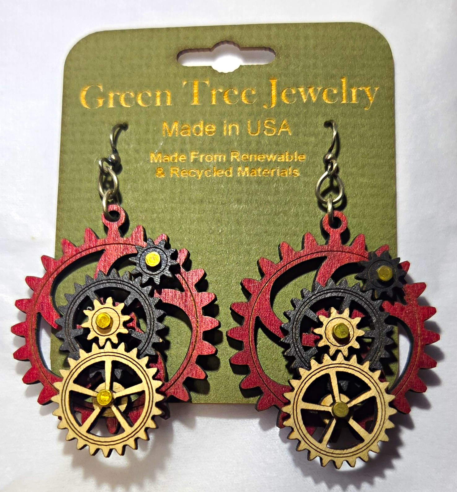 Green Tree Jewelry Unique Steampunk Gear Wood Dangle Hook Earrings - Made in USA