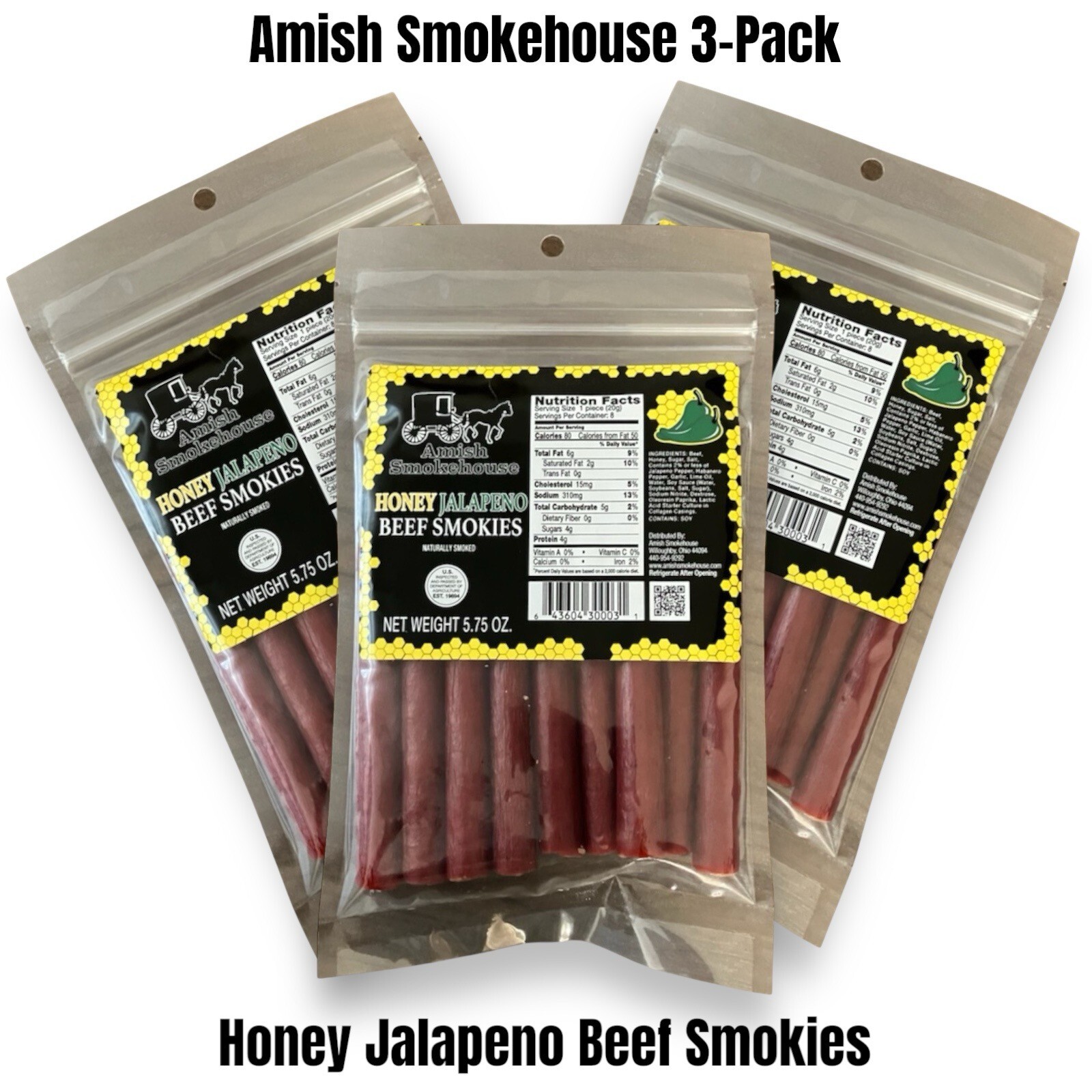 Amish Smokehouse Honey Jalapeno Beef Sticks (3) 5.75oz Bagged Resealable Smokies Amish Smokehouse Honey Jalapeno Beef Sticks (3) 5.75oz Bagged Resealable Smokies