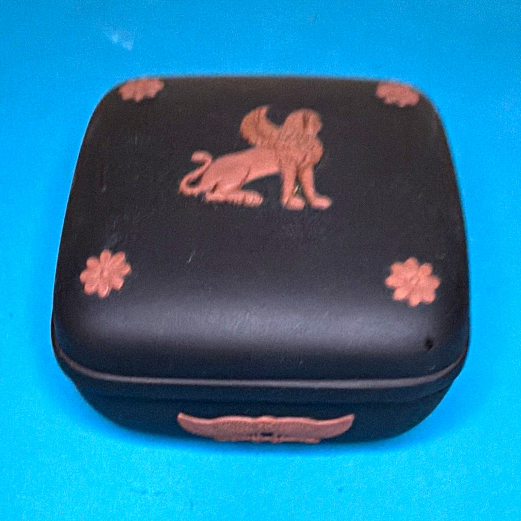 Wedgwood Black Jasperware Square Lidded Trinket Box Pink Sphinx England