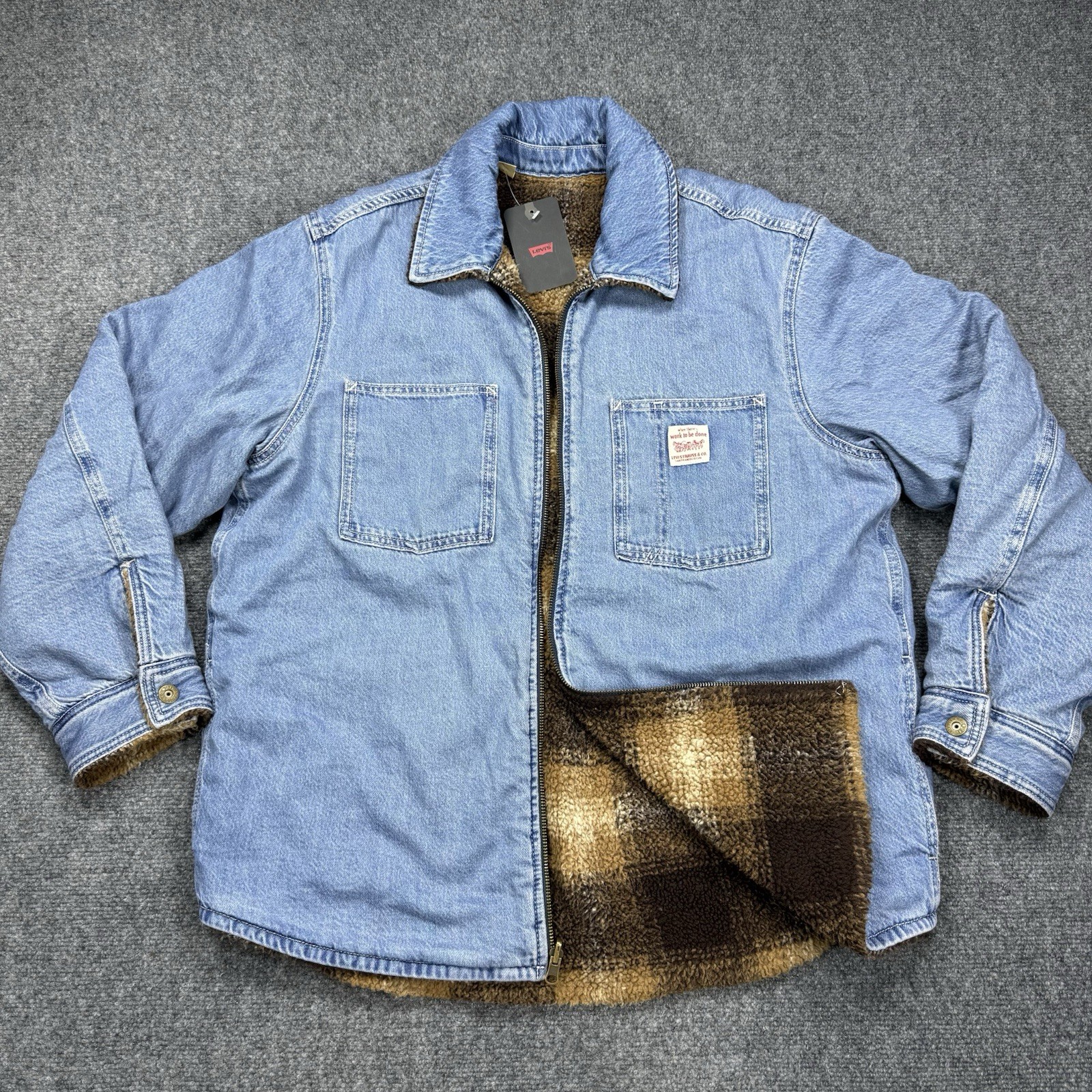 Levi’s Denim Shacket Mens Medium Reversible Sherpa Plaid Workwear Jacket Pockets